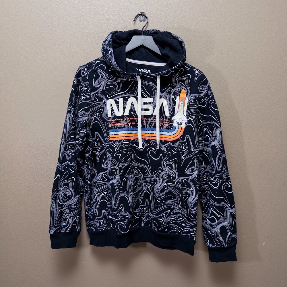 NASA Space Shuttle Graphic Hoodie Men's Medium Black Marble Swirl Pullover